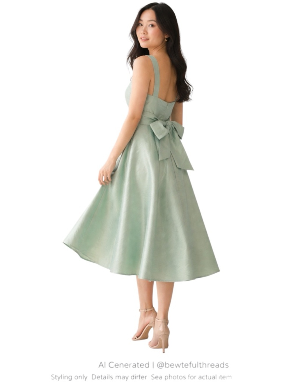 Mint Shimmer Satin Bow Back Midi Dress Vacation Resort Wedding Guest A-Line 12
